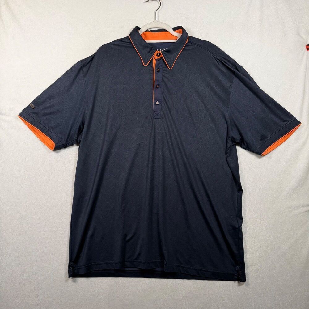 G-Mac by Kartel Polo Shirt Mens XL Blue Geo Print Orange Trim Performance